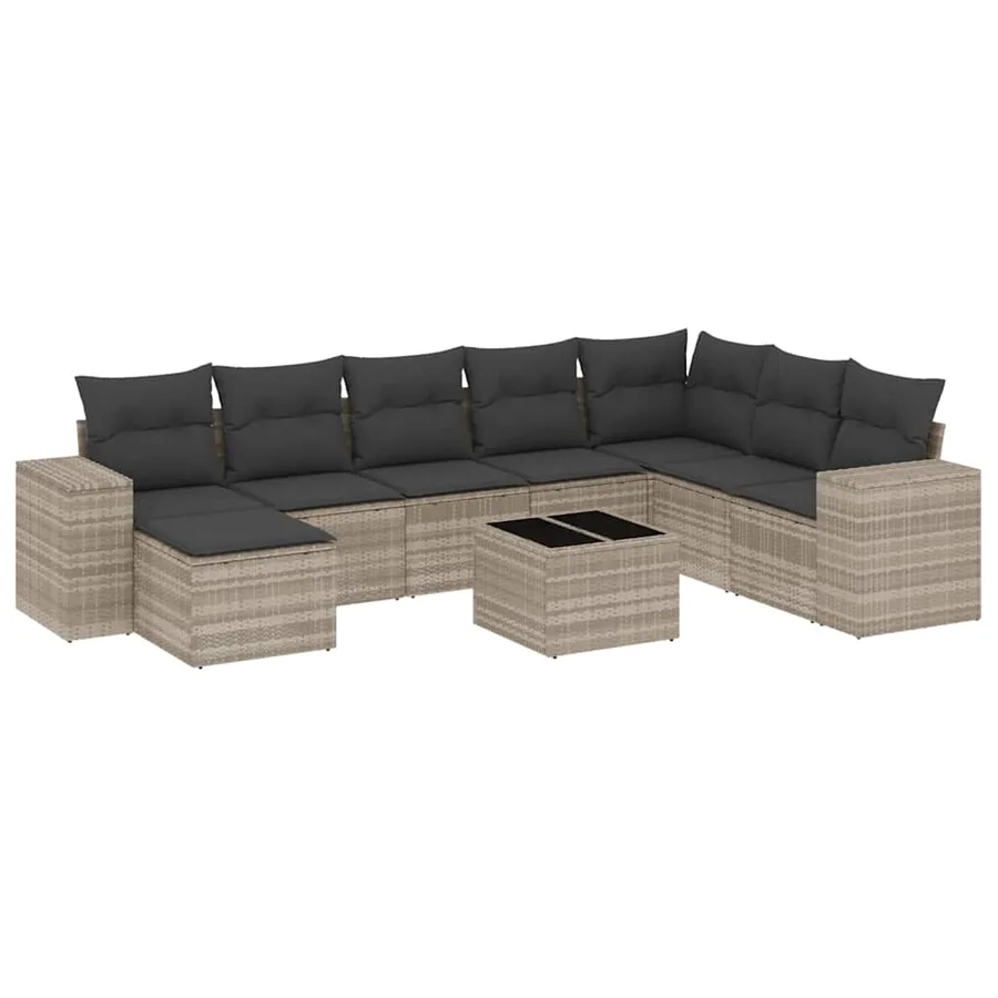 Salon de jardin 9 pcs avec coussins gris clair résine tressée - 2