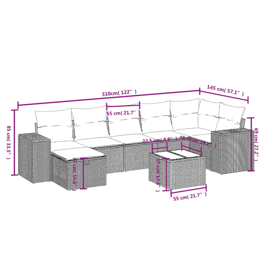 Salon de jardin 8 pcs avec coussins gris clair résine tressée - 4