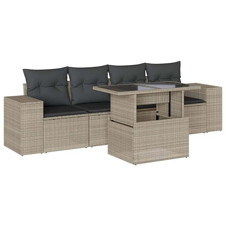 Salon de jardin 5 pcs avec coussins gris clair résine tressée - 2