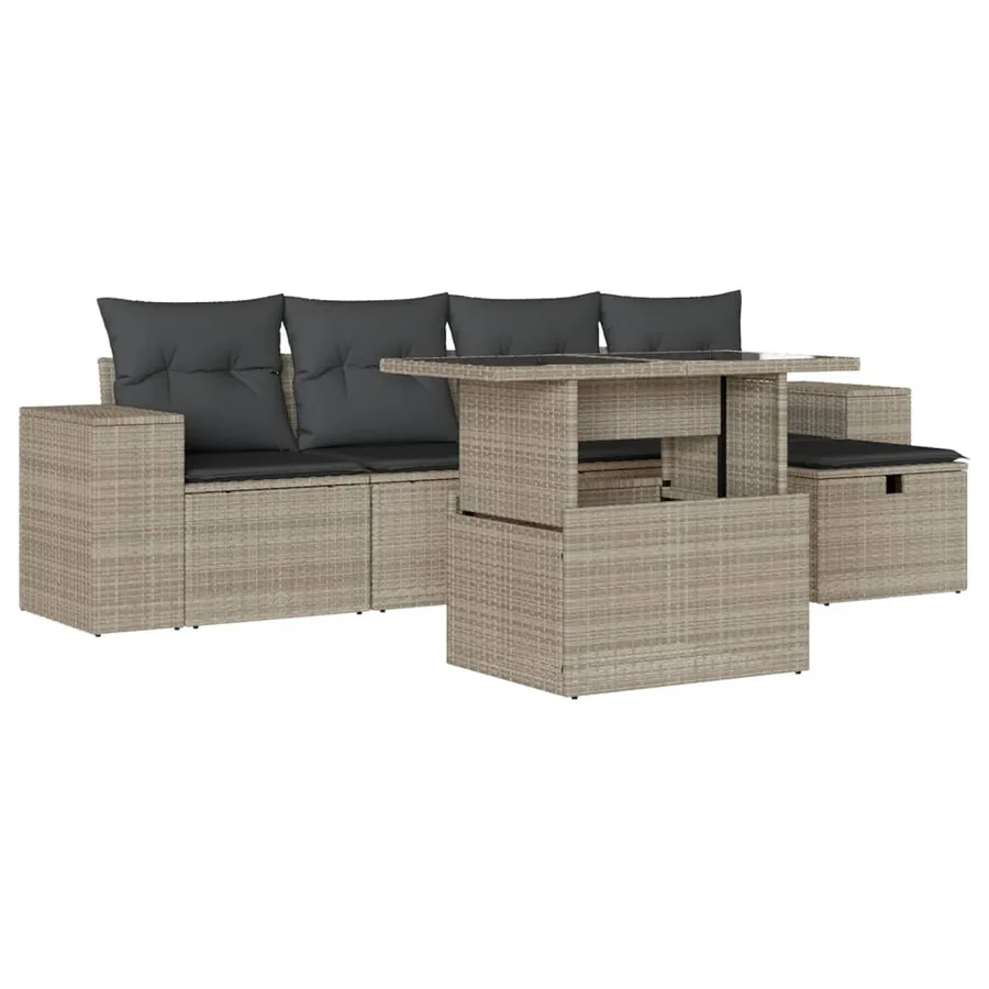 Salon de jardin 6 pcs avec coussins gris clair résine tressée - 2