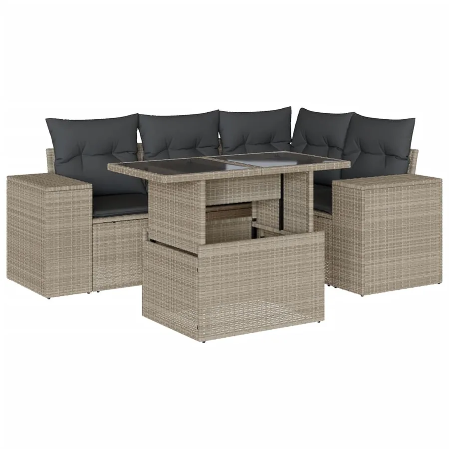 Salon de jardin 5 pcs avec coussins gris clair résine tressée - 2