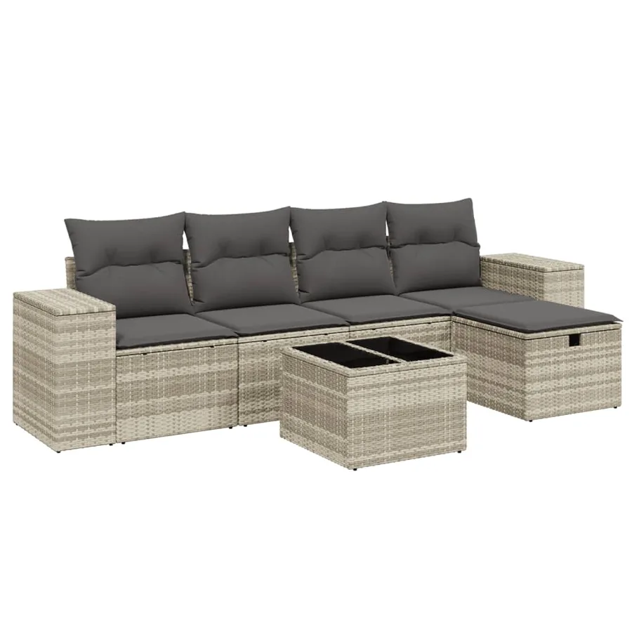 Salon de jardin 6 pcs avec coussins gris clair résine tressée - 2