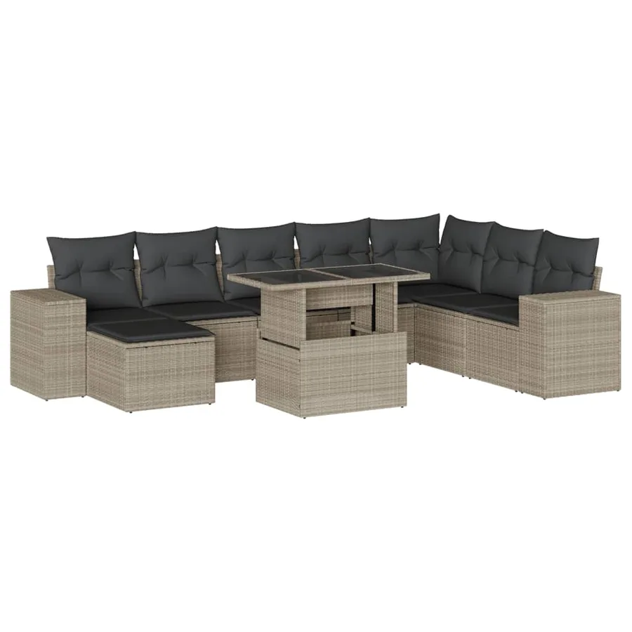Salon de jardin 9 pcs avec coussins gris clair résine tressée - 2