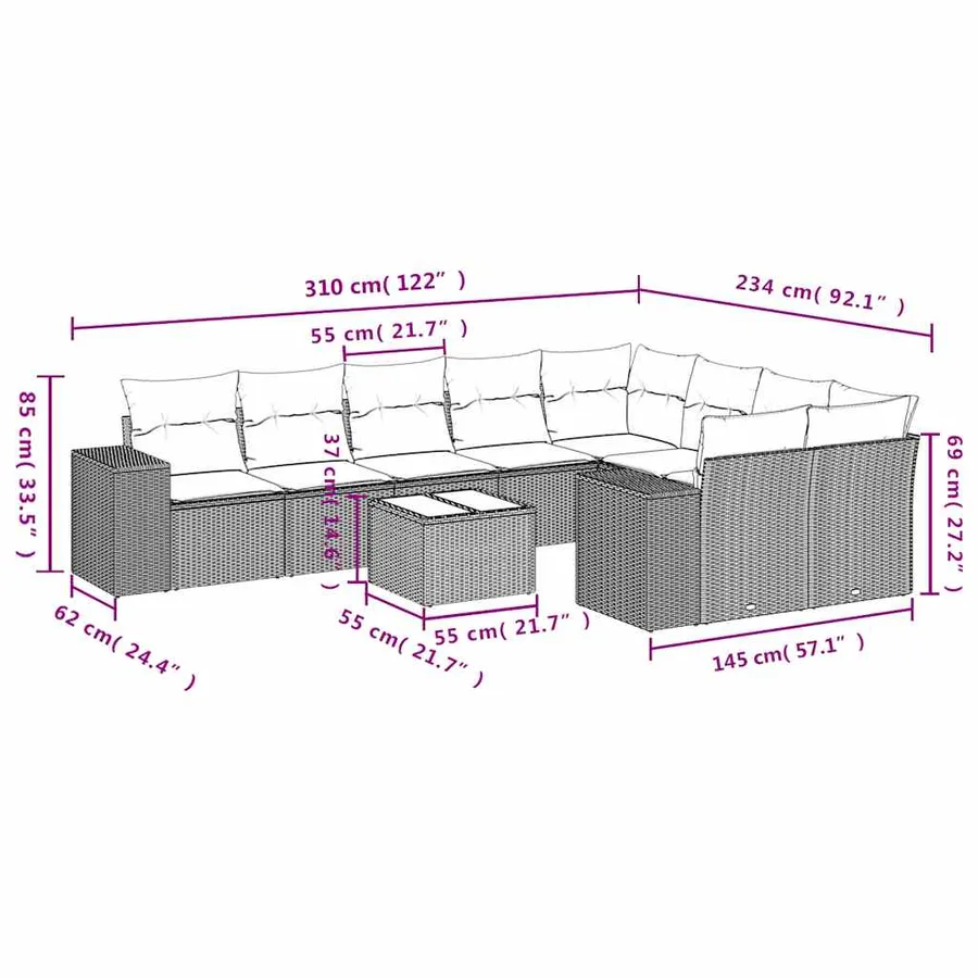 Salon de jardin avec coussins 10 pcs gris clair résine tressée - 8