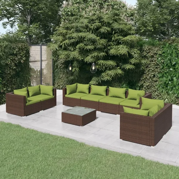 Salon de jardin 9 pcs avec coussins résine tressée marron