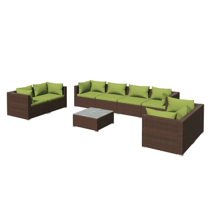 Salon de jardin 9 pcs avec coussins résine tressée marron - 2