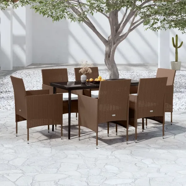 Ensemble à manger de jardin coussins 7 pcs Marron/noir