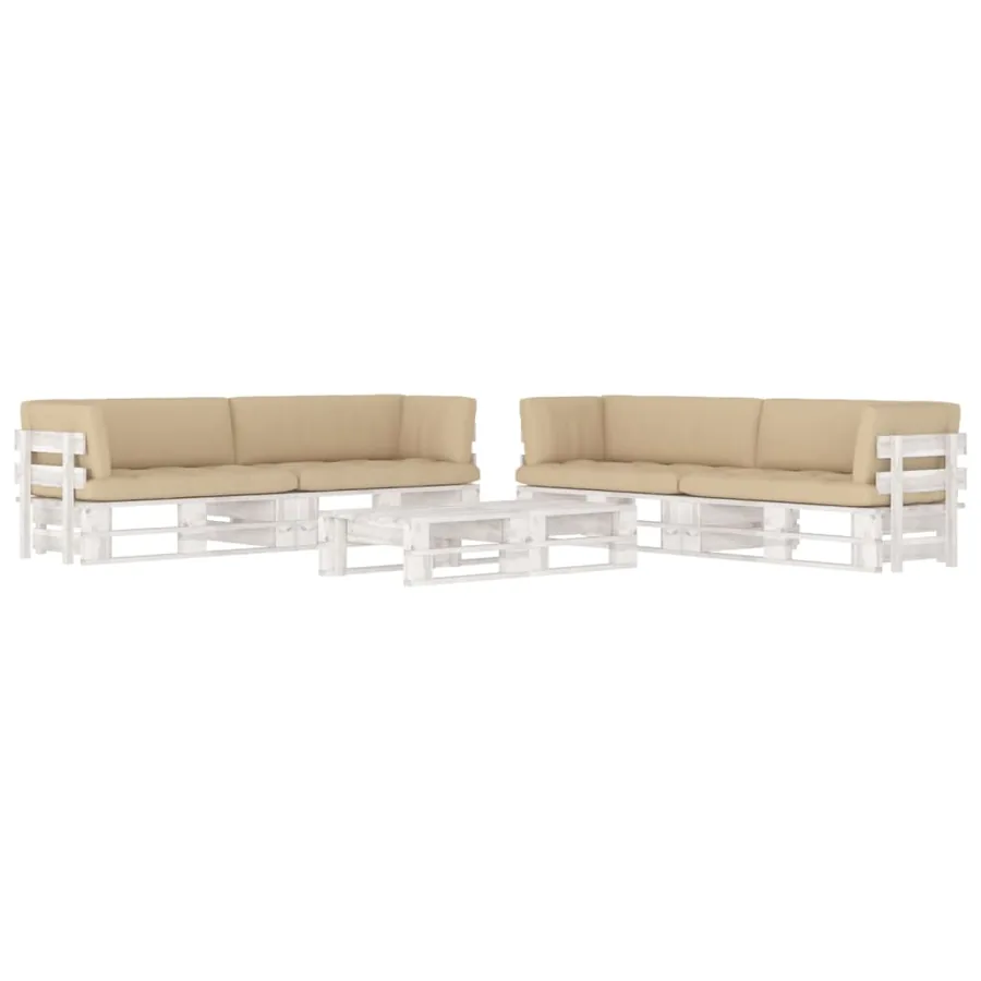 Salon de jardin palette 6 pcs et coussins Pin imprégné de blanc