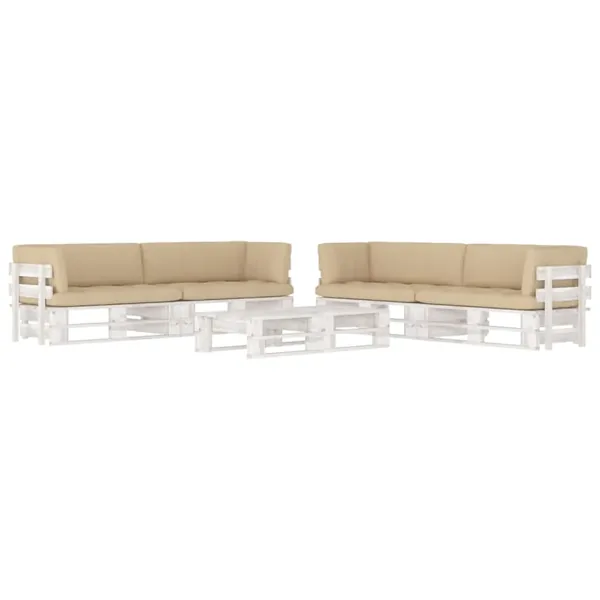 Salon de jardin palette 6 pcs et coussins Pin imprégné de blanc