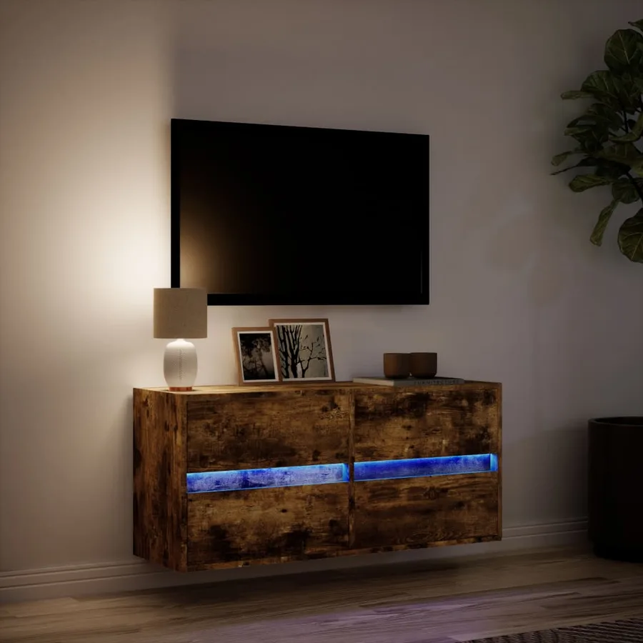 Meuble TV mural avec lumières LED chêne fumé 100x31x45 cm - 5