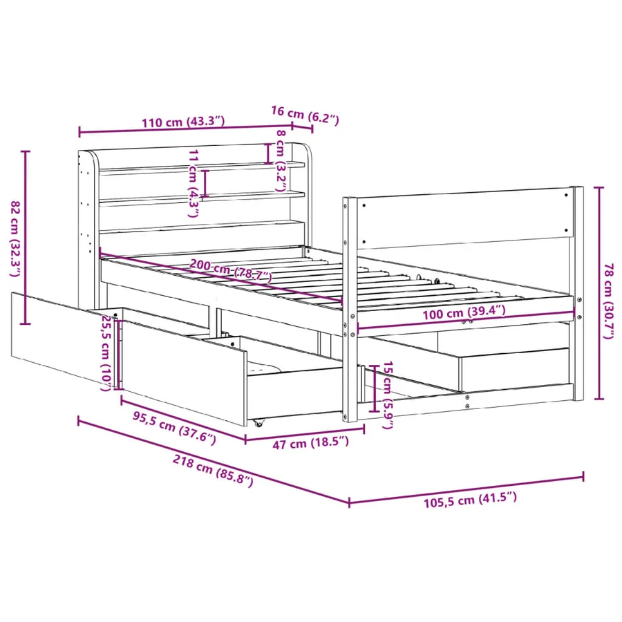 Cadre de lit sans matelas blanc 100x200 cm bois de pin massif - 12