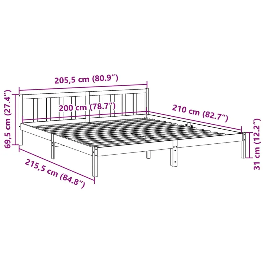 Cadre de lit extra long sans matelas 200x210 cm bois massif pin - 9