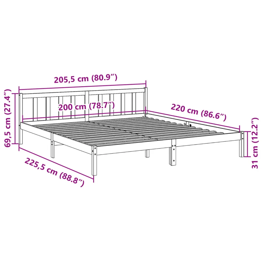 Cadre de lit extra long sans matelas 200x220 cm bois massif pin - 9
