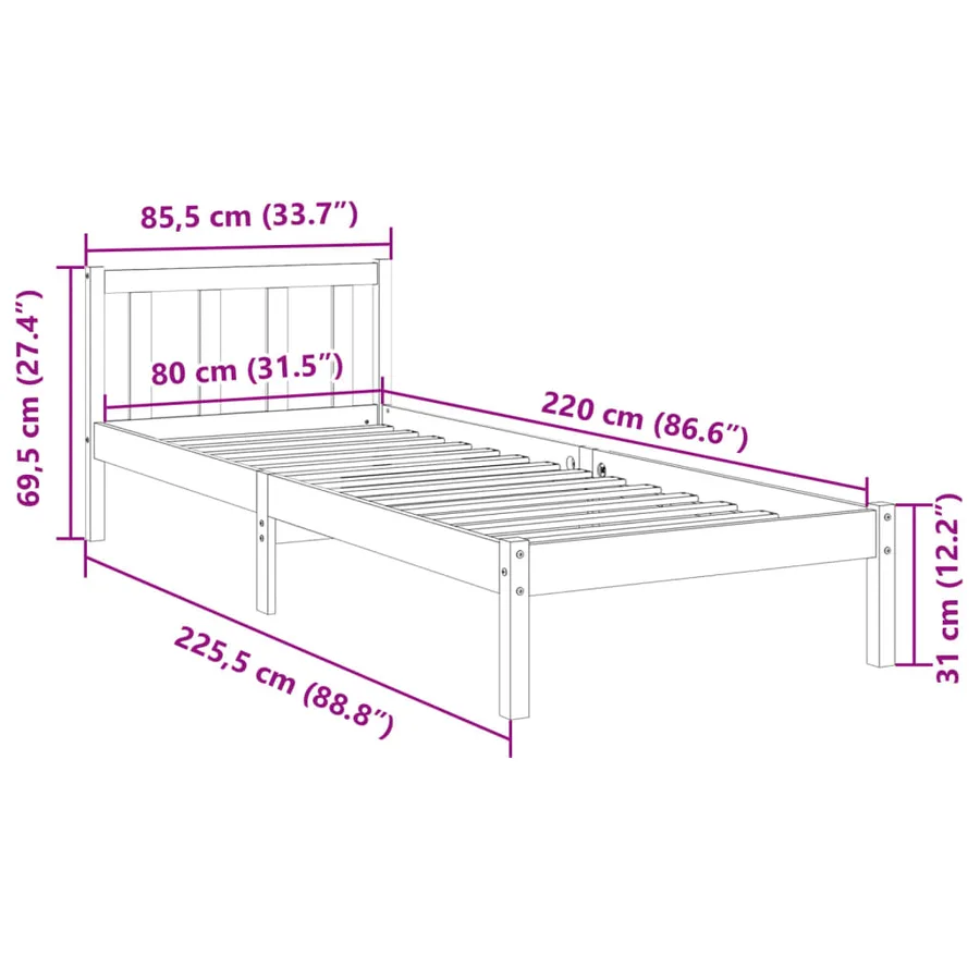 Cadre de lit extra long sans matelas 80x220 cm bois massif pin - 9