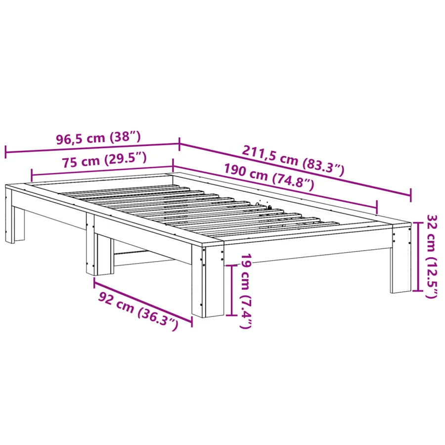 Cadre de lit sans matelas blanc 75x190 cm bois de pin massif - 8