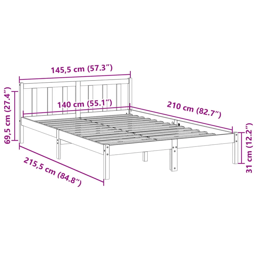 Cadre de lit extra long sans matelas 140x210 cm bois massif pin - 9