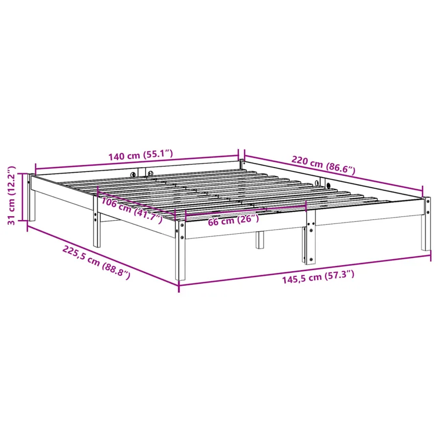 Cadre de lit extra long sans matelas 140x220 cm bois massif pin - 9