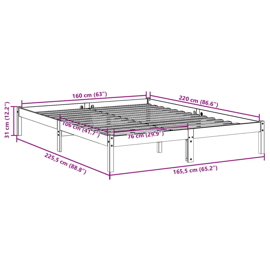 Cadre de lit extra long sans matelas 160x220 cm bois massif pin - 9