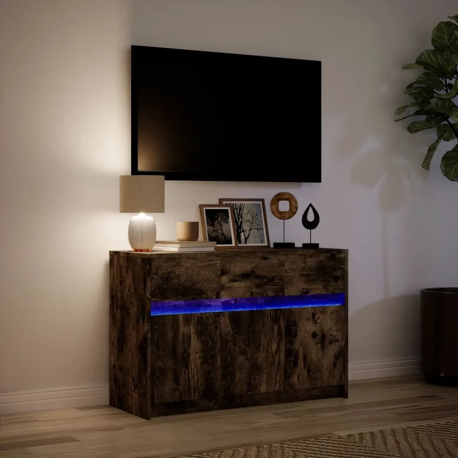 Meuble TV avec LED chêne fumé 91x34x61 cm bois d'ingénierie - 5