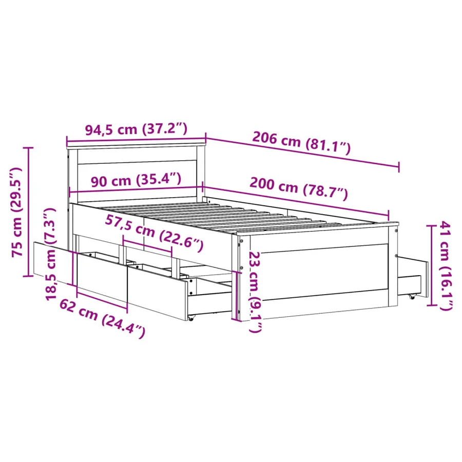 Cadre de lit sans matelas avec tête de lit 90x200cm bois de pin - 13