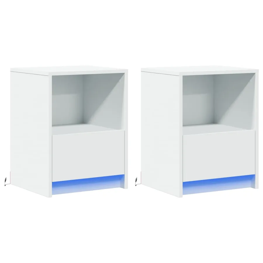 Armoires de chevet et lumières LED 2pcs blanc bois d'ingénierie - 3