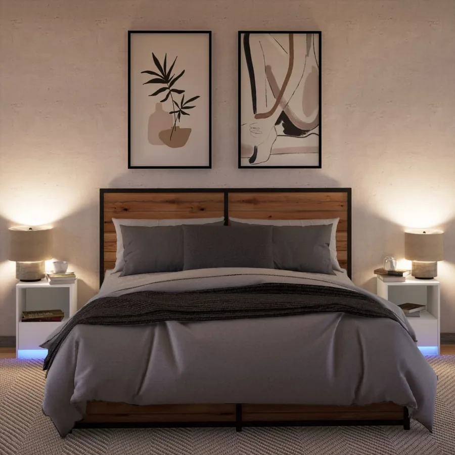 Armoires de chevet et lumières LED 2pcs blanc bois d'ingénierie - 5