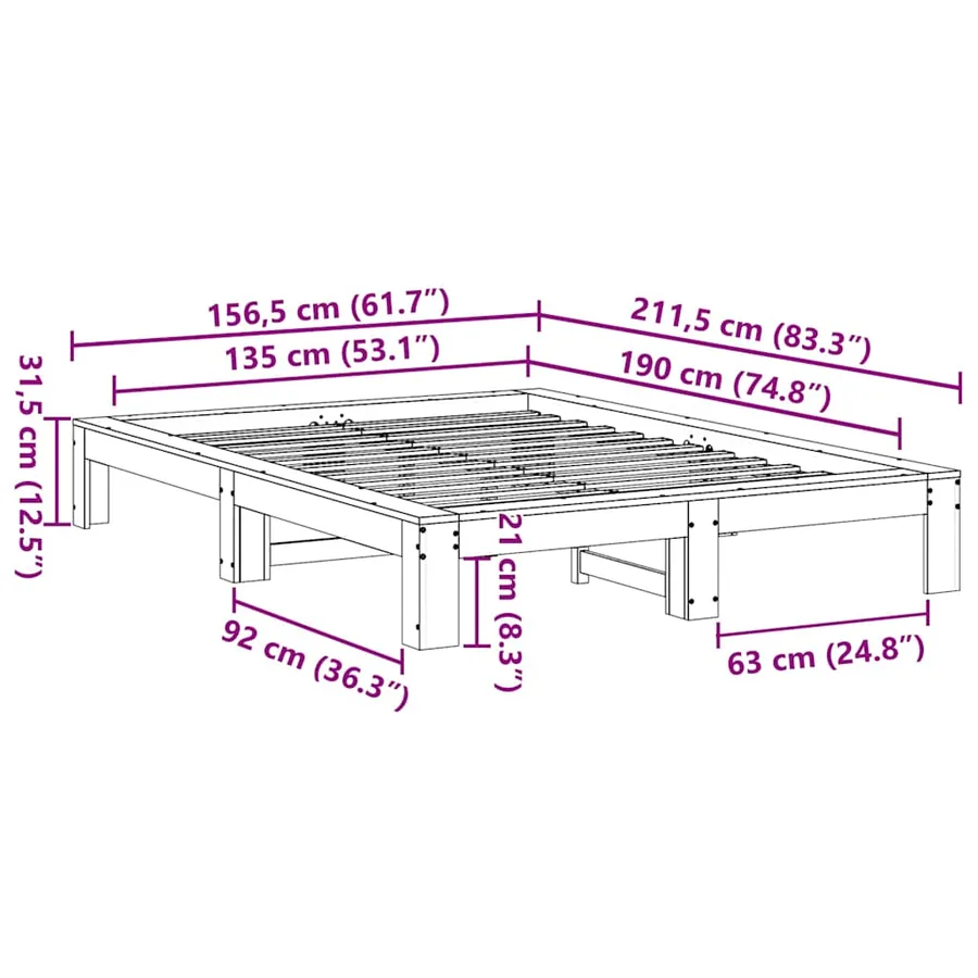 Cadre de lit sans matelas blanc 135x190 cm bois de pin massif - 8
