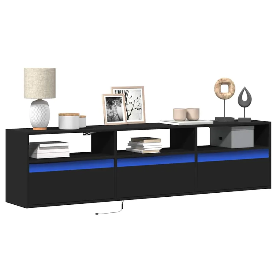 Meuble TV mural avec éclairage LED noir 180 x 31 x 45 cm