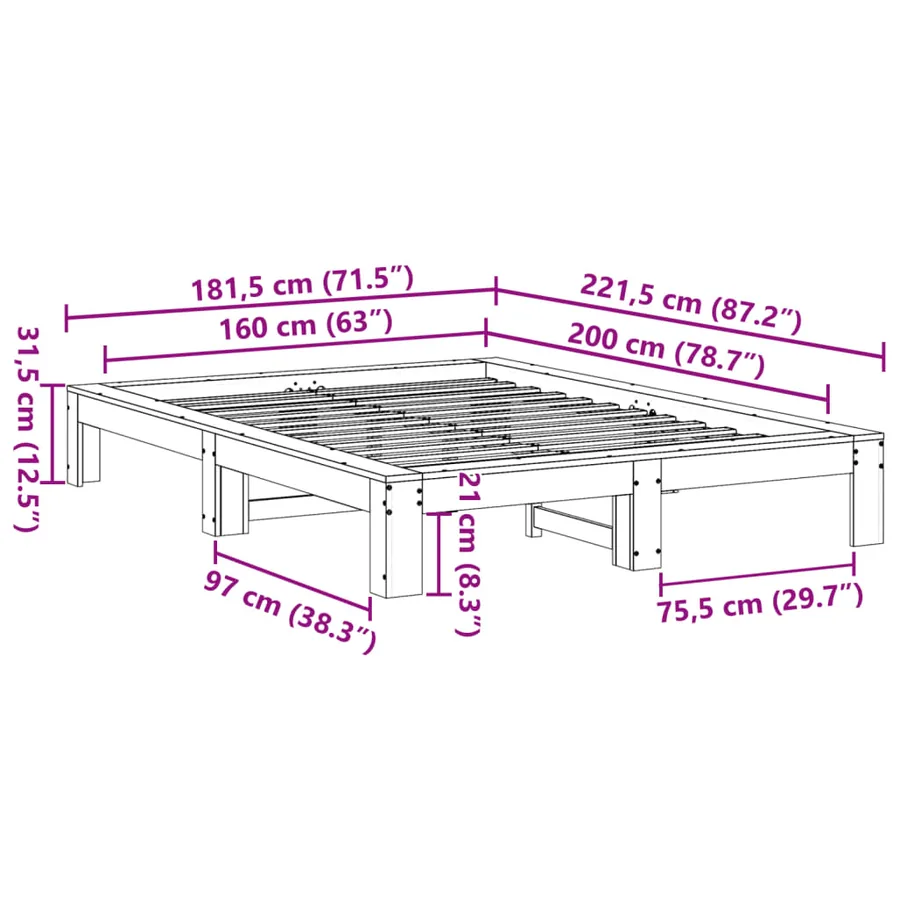 Cadre de lit sans matelas cire marron 160x200cm bois pin massif - 8