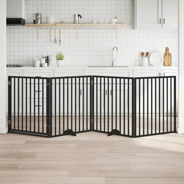 Barrière pour chiens et porte 4 panneaux noir bois de peuplier