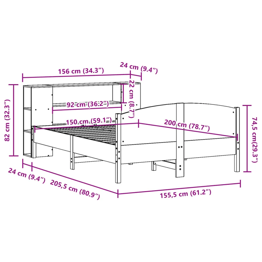 Lit bibliothèque sans matelas 150x200 cm bois massif de pin - 12