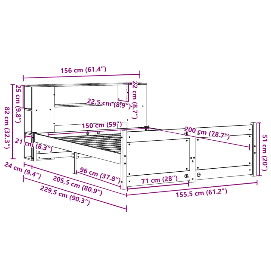 Lit bibliothèque sans matelas 150x200 cm bois massif de pin - 11