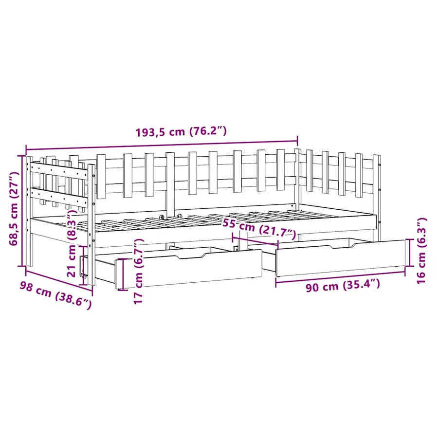 Lit de jour et tiroirs sans matelas blanc 90x190 cm bois massif - 12