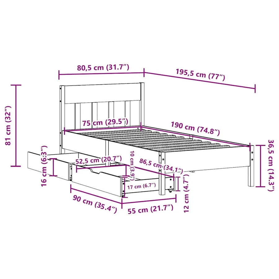 Cadre de lit sans matelas 75x190 cm bois de pin massif - 11