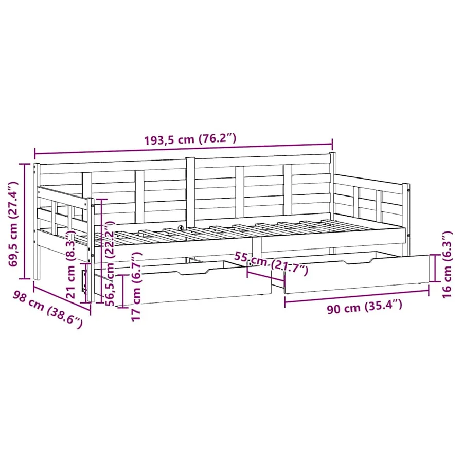 Lit de jour avec tiroirs sans matelas 90x190 cm bois massif - 12