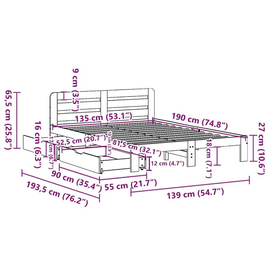 Cadre de lit sans matelas 135x190 cm bois de pin massif - 11