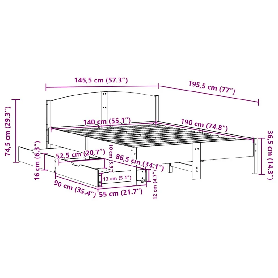 Cadre de lit sans matelas 140x190 cm bois de pin massif - 11