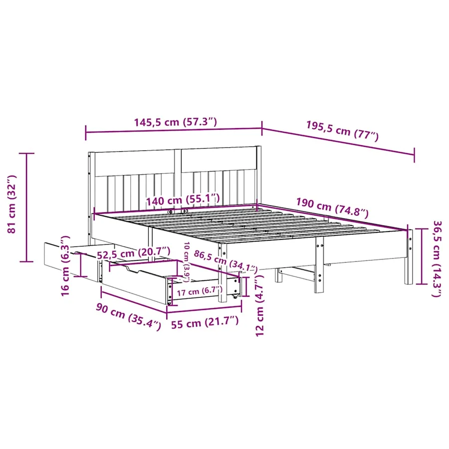 Cadre de lit sans matelas 140x190 cm bois de pin massif - 11
