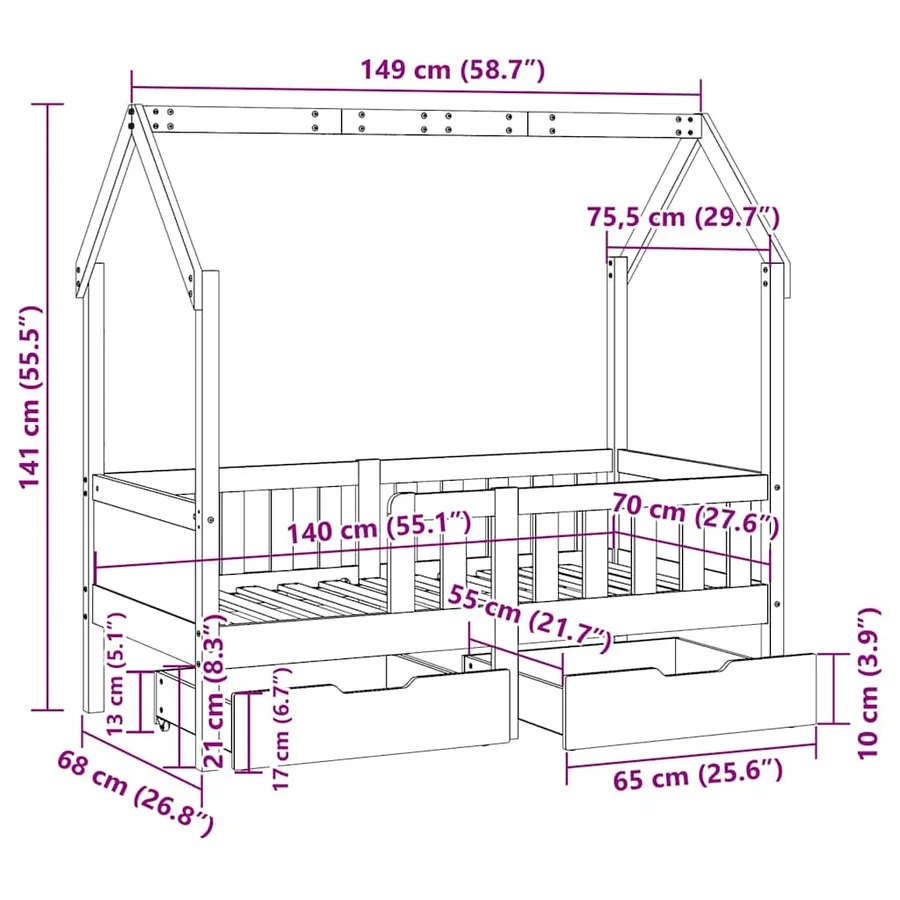 Cadre de lit enfant avec tiroirs sans matelas 70x140 cm bois - 12