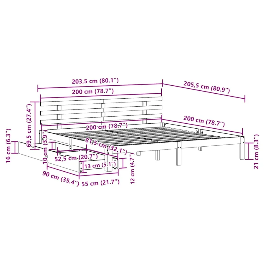 Cadre de lit avec tiroirs sans matelas 200x200 cm - 11