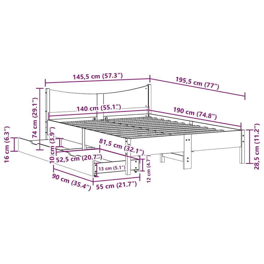 Cadre de lit avec tiroirs 140x190 cm bois de pin massif - 11