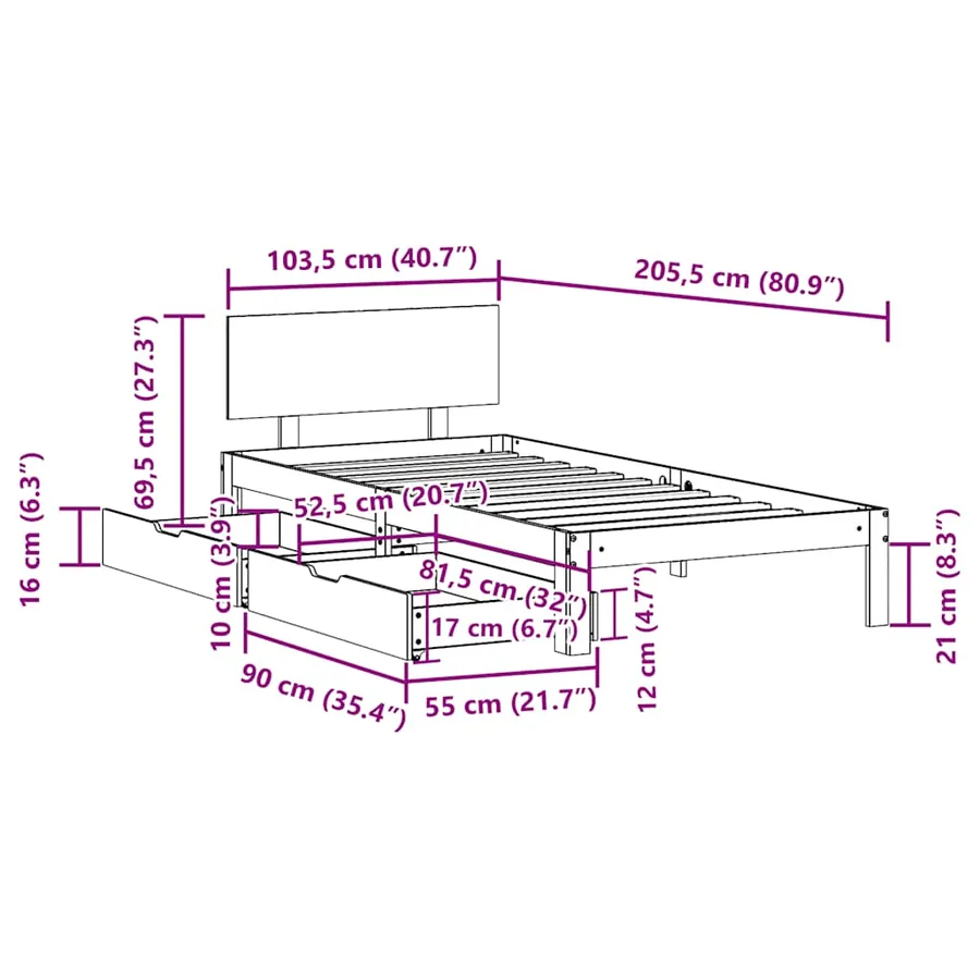 Cadre de lit avec tiroirs sans matelas blanc 100x200 cm - 11