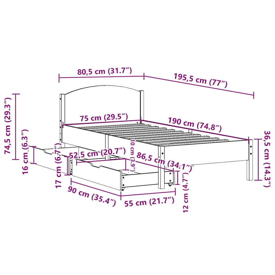 Cadre de lit sans matelas blanc 75x190 cm bois de pin massif - 11