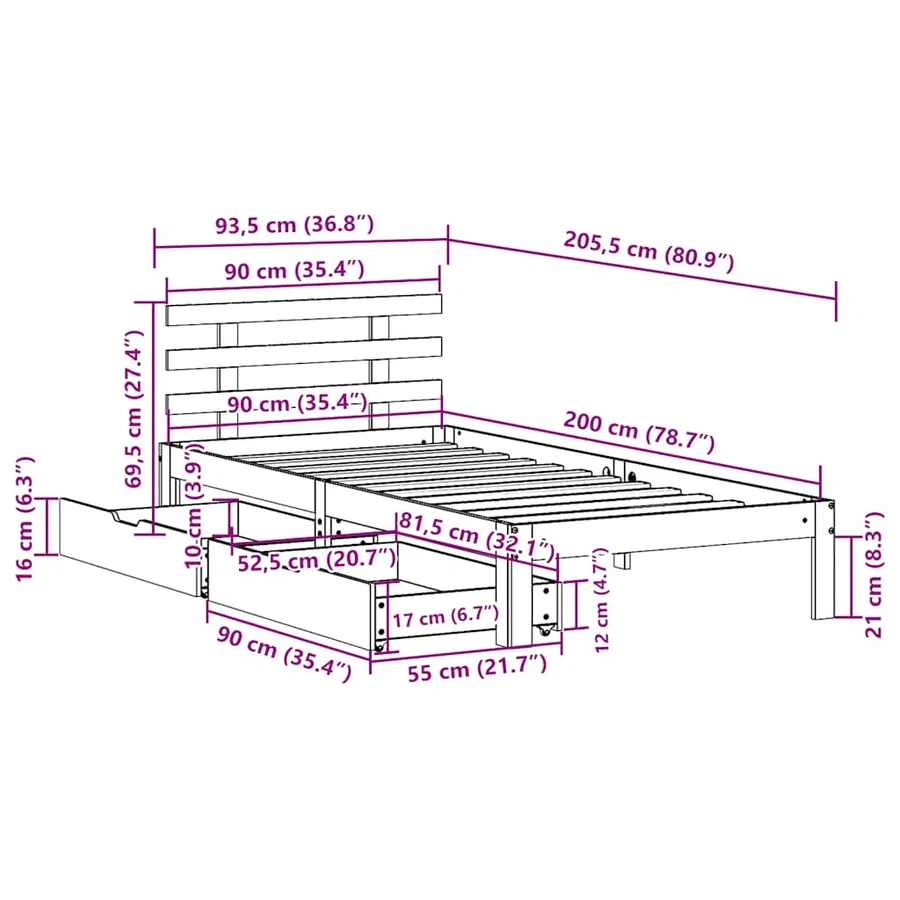 Cadre de lit avec tiroirs sans matelas blanc 90x200 cm - 11