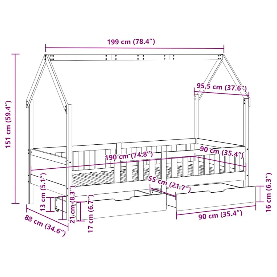 Cadre de lit enfants avec tiroirs sans matelas 90x190 cm bois - 12