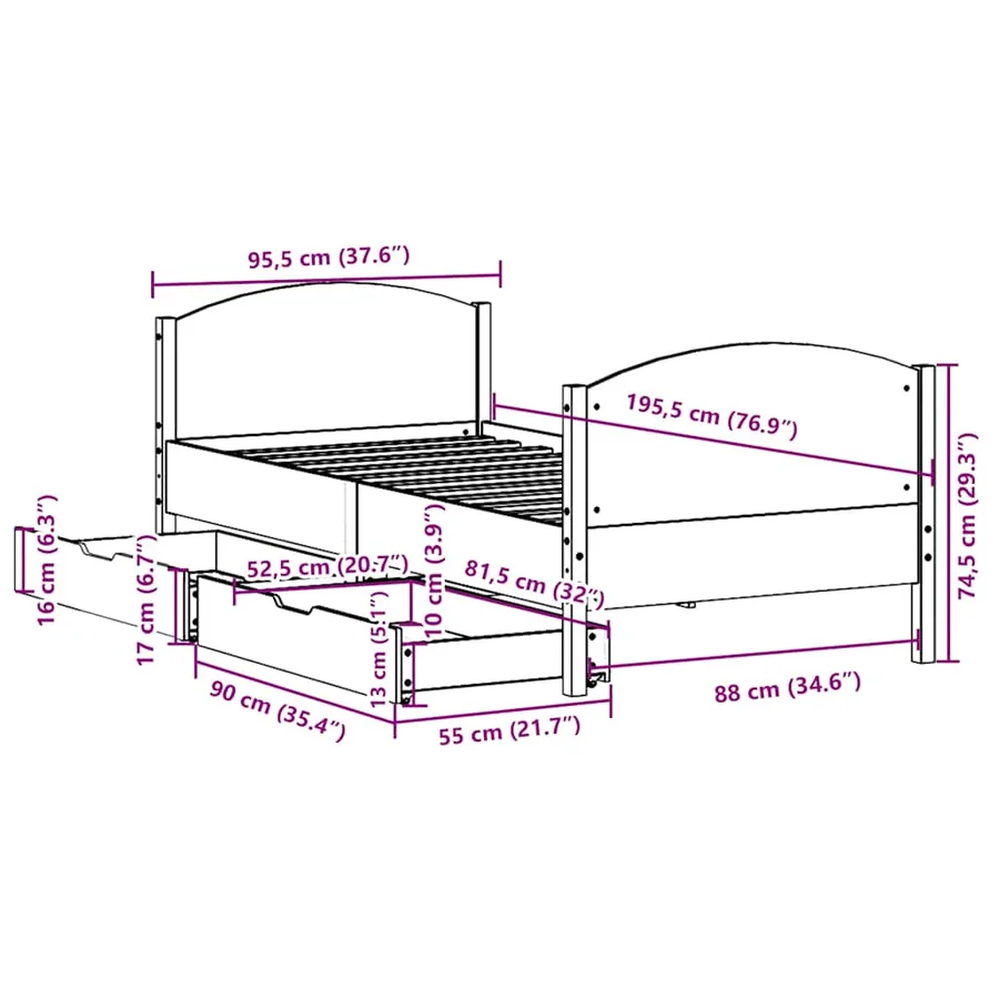 Cadre de lit sans matelas blanc 90x190 cm bois de pin massif - 12