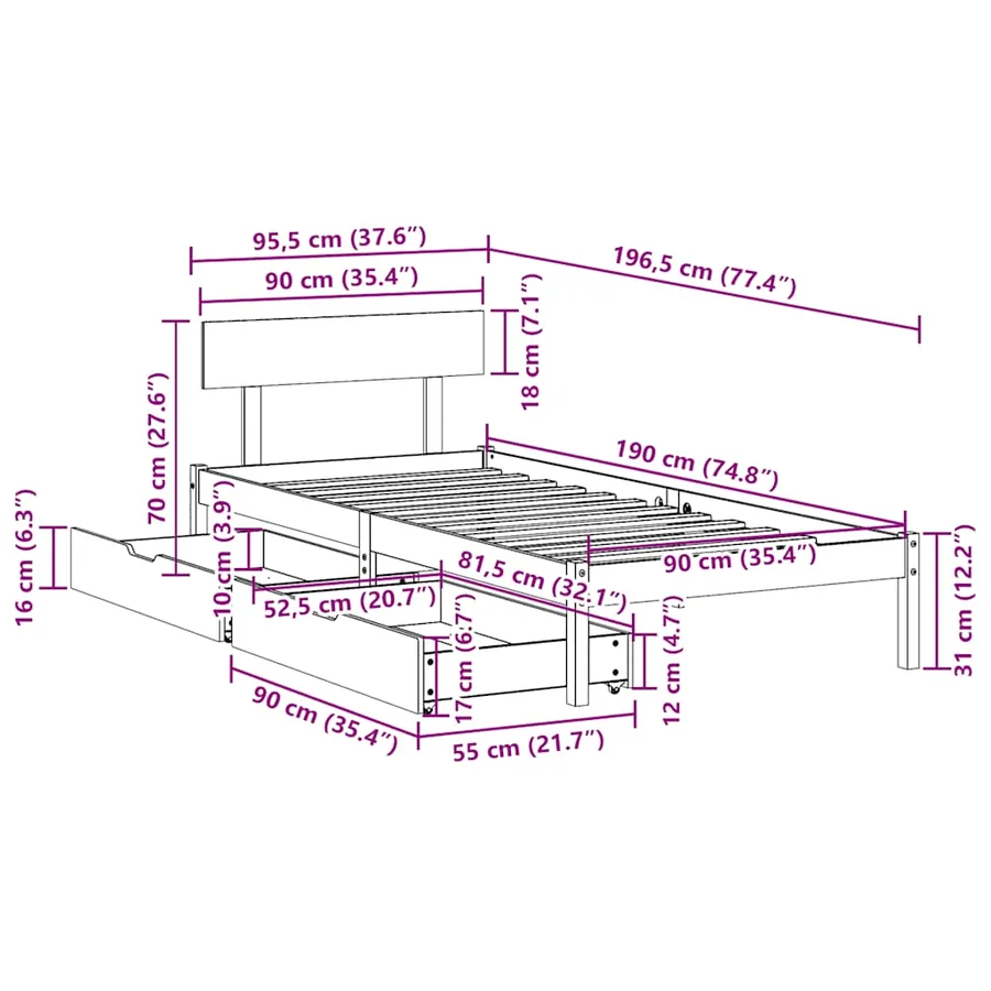 Cadre de lit sans matelas blanc 90x190 cm bois de pin massif - 11