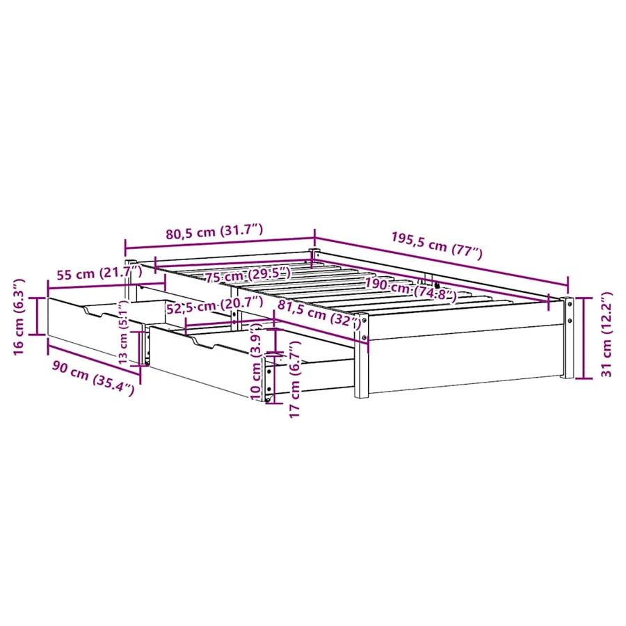 Cadre de lit sans matelas blanc 75x190 cm bois de pin massif - 11