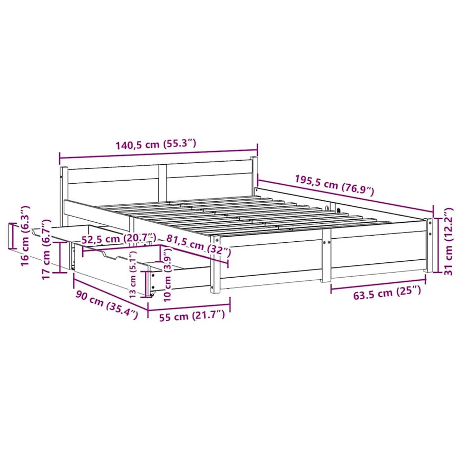 Cadre de lit sans matelas blanc 135x190 cm bois de pin massif - 12