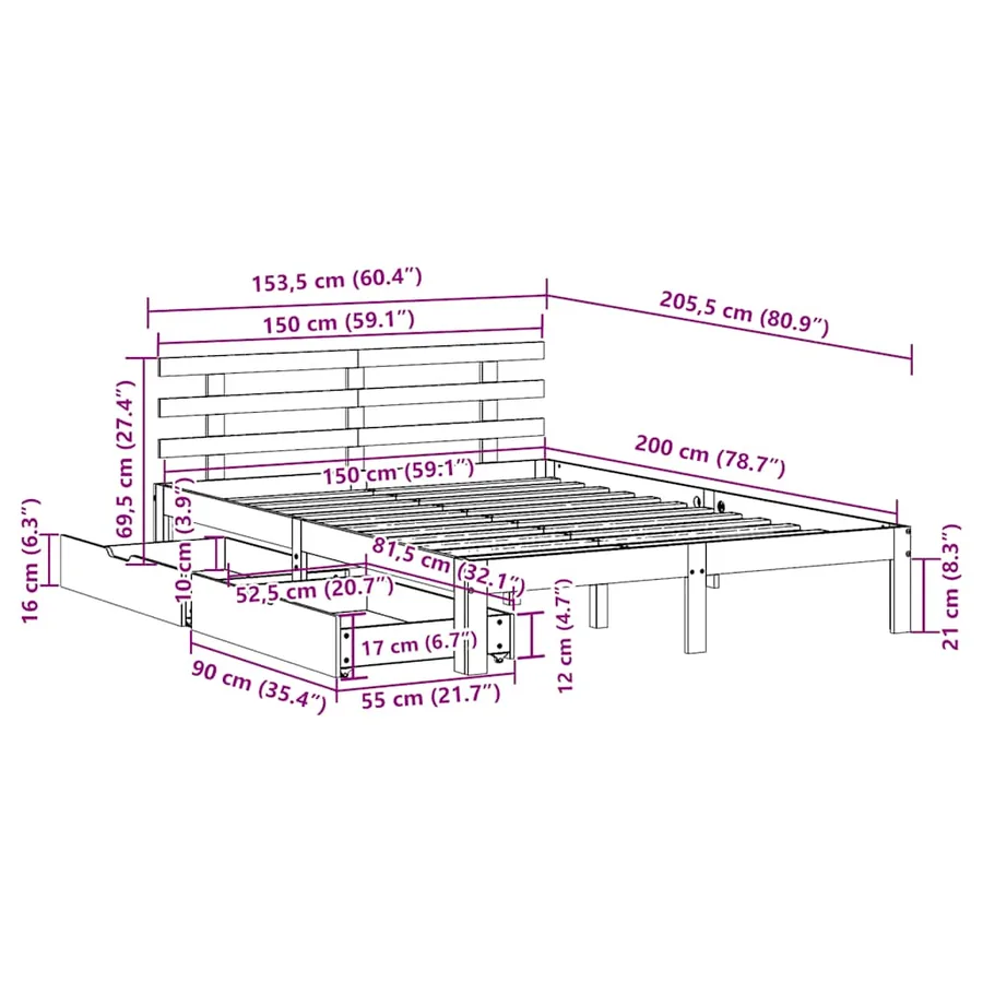 Cadre de lit avec tiroirs sans matelas blanc 150x200 cm - 11